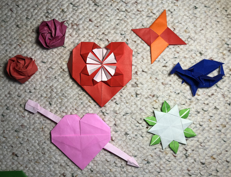 Kawasaki Roses, Robert Lang Valentine, Blossom Heart (Traditional?), Ninja Star (Traditional), Snowflake (Unknown designer), Jo Nakashima Dragon.